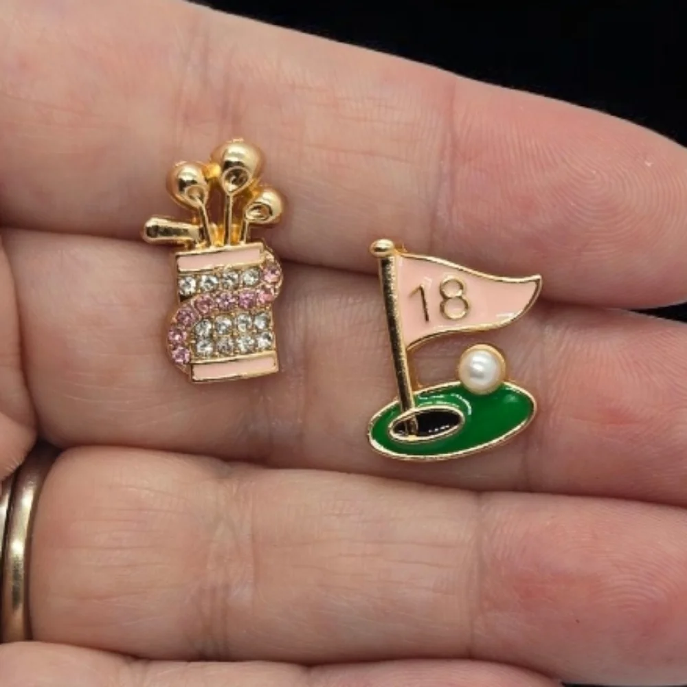 Golf Stud Earrings Pink Rhinestone Caddy Bag 18th Hole Flag Pearl Golfer Gift